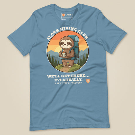 Sloth Hiking Club: Hilltop T-Shirt in Steel Blue, laid flat, front view