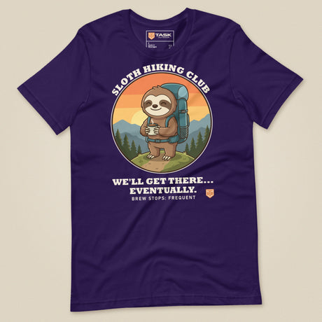 Sloth Hiking Club: Hilltop T-Shirt in Team Purple, laid flat, front view