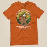 Sloth Hiking Club: Walking T-Shirt in Autumn, laid flat, front view