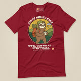 Sloth Hiking Club: Walking T-Shirt in Cardinal, laid flat, front view