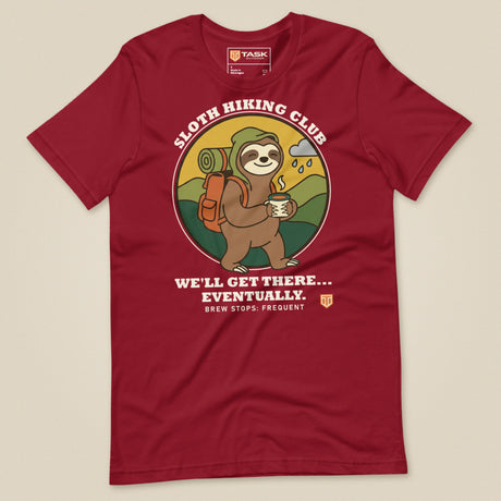Sloth Hiking Club: Walking T-Shirt in Cardinal, laid flat, front view