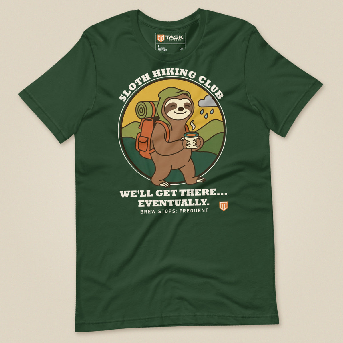 Sloth Hiking Club: Walking T-Shirt in Forest, laid flat, front view