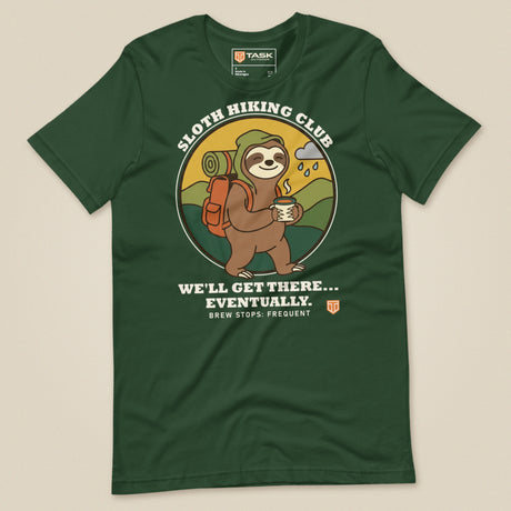 Sloth Hiking Club: Walking T-Shirt in Forest, laid flat, front view