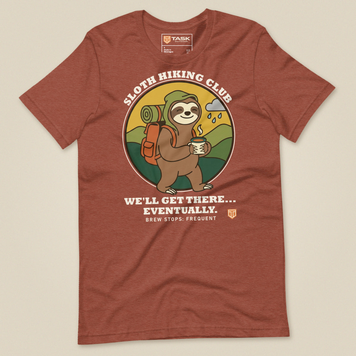 Sloth Hiking Club: Walking T-Shirt in Heather Clay, laid flat, front view