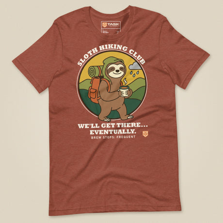 Sloth Hiking Club: Walking T-Shirt in Heather Clay, laid flat, front view