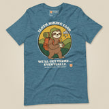Sloth Hiking Club: Walking T-Shirt in Heather Deep Teal, laid flat, front view