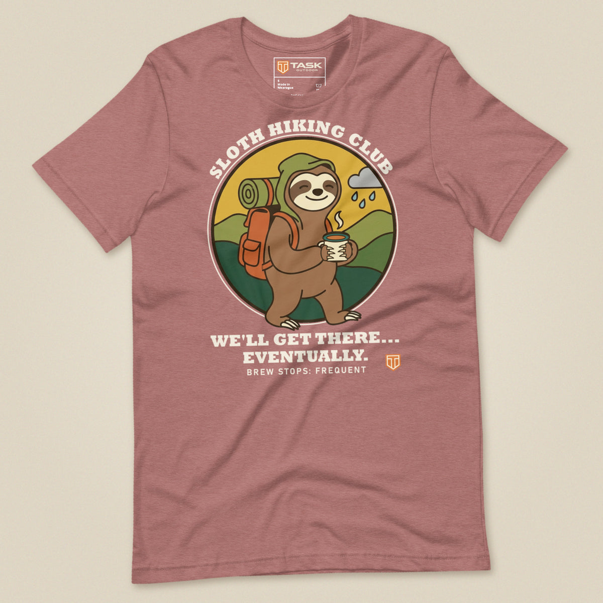 Sloth Hiking Club: Walking T-Shirt in Heather Mauve, laid flat, front view