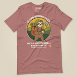 Sloth Hiking Club: Walking T-Shirt in Heather Mauve, laid flat, front view