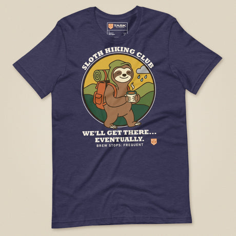 Sloth Hiking Club: Walking T-Shirt in Heather Midnight Navy, laid flat, front view