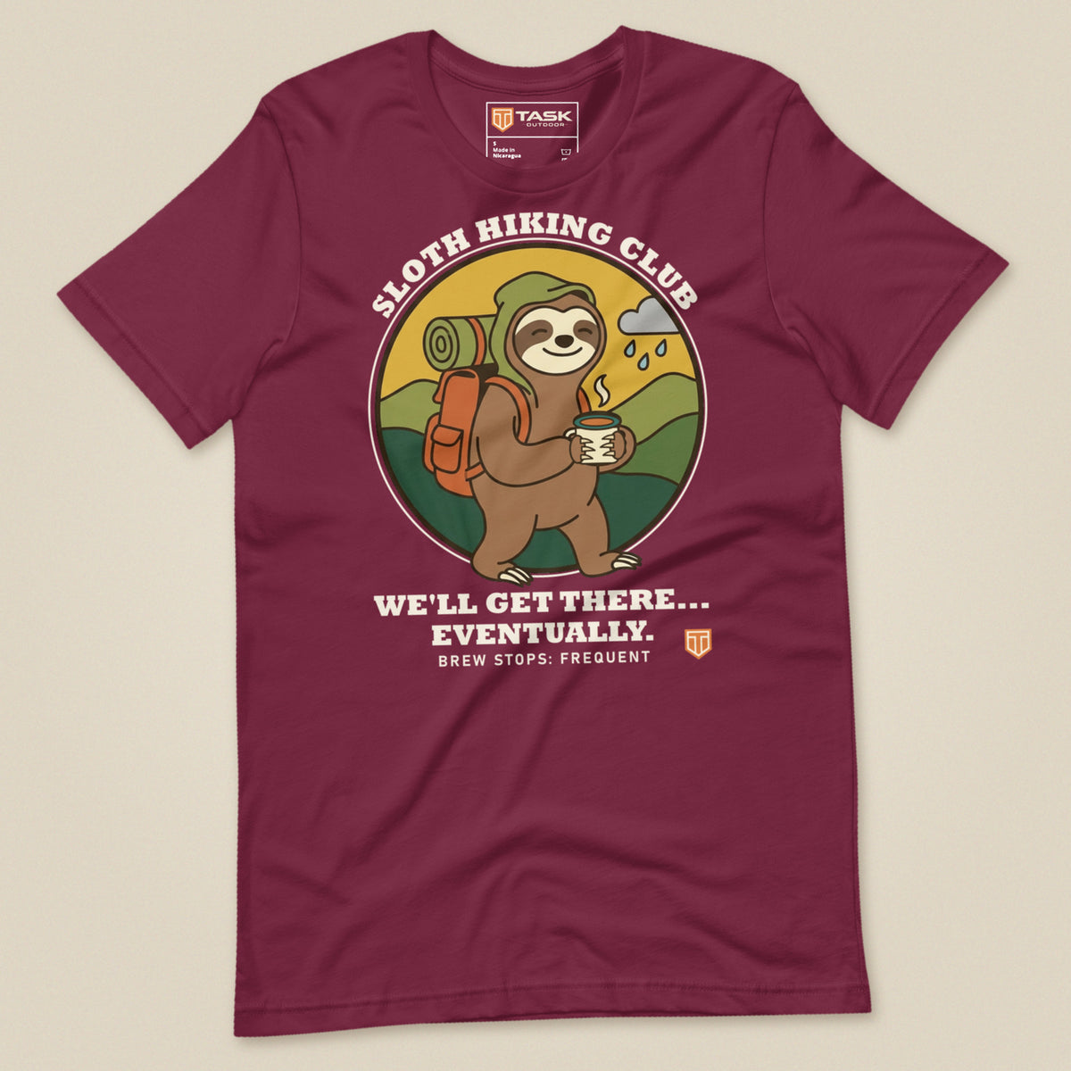 Sloth Hiking Club: Walking T-Shirt in Maroon, laid flat, front view