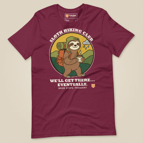 Sloth Hiking Club: Walking T-Shirt in Maroon, laid flat, front view