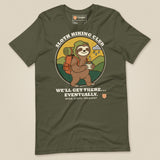 Sloth Hiking Club: Walking T-Shirt in Military Green, laid flat, front view