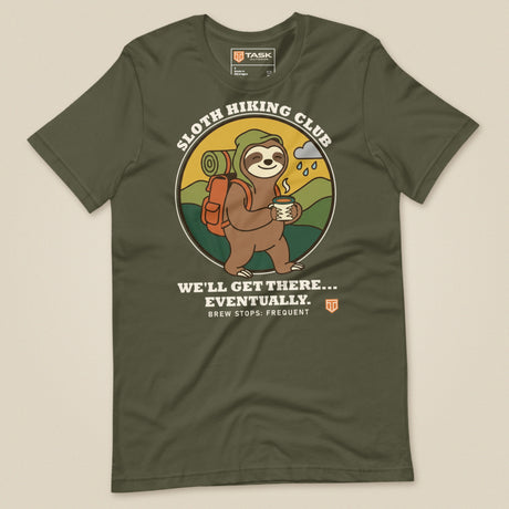 Sloth Hiking Club: Walking T-Shirt in Military Green, laid flat, front view
