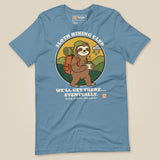 Sloth Hiking Club: Walking T-Shirt in Steel Blue, laid flat, front view