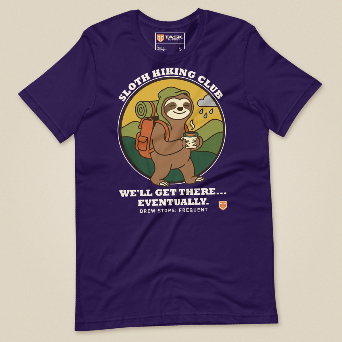 Sloth Hiking Club: Walking T-Shirt in Team Purple, laid flat, front view