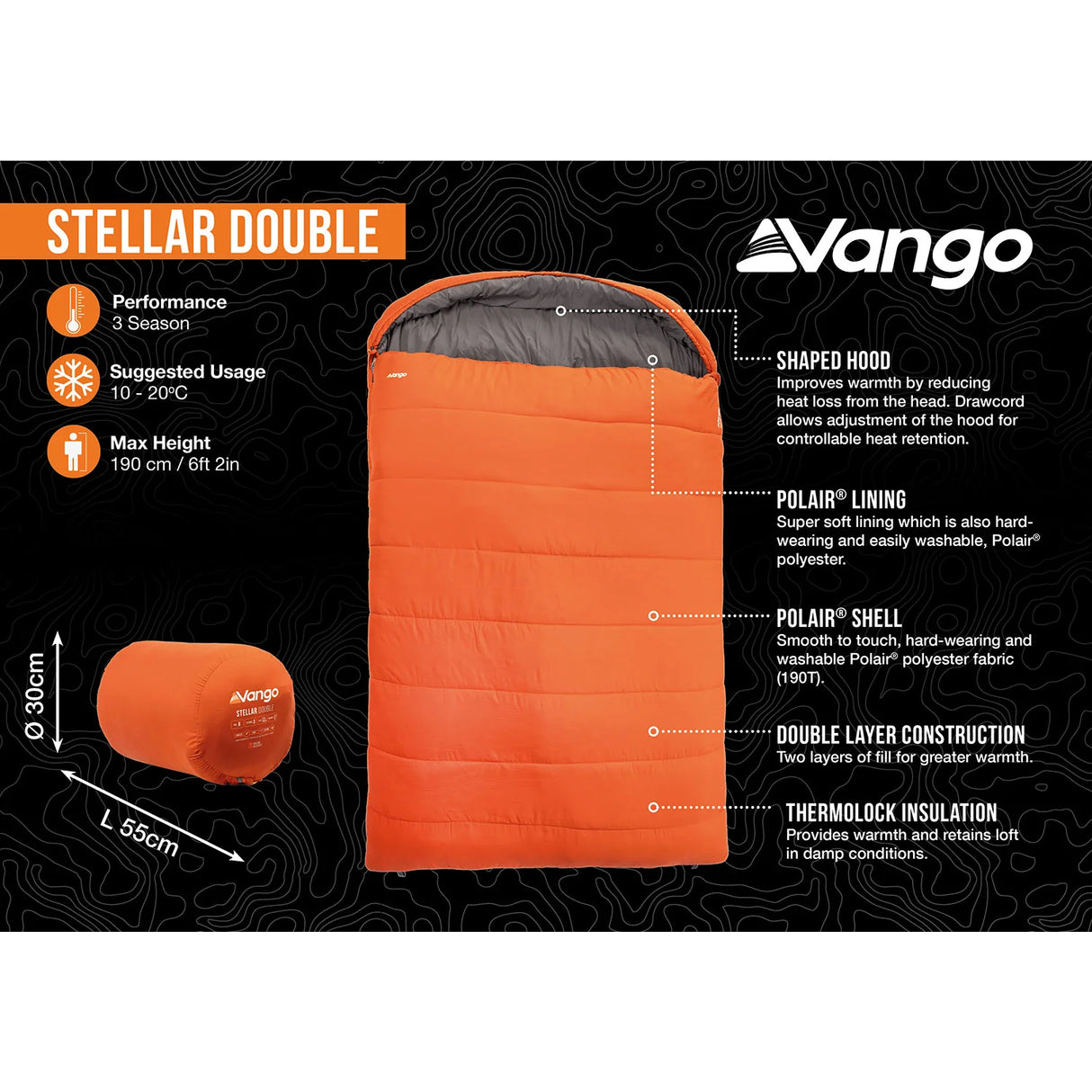 Vango Stellar Double Sleeping Bag in harissa angled view part open showing grey lining