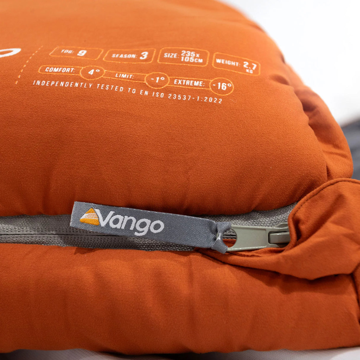 Vango Stellar Grande Sleeping Bag in harissa close up of zip