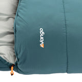 Vango Stellar Grande Sleeping Bag in oasis blue close up of branding