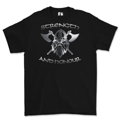 Strength and Honour Crossed Axe Viking Printed T-Shirt - Black