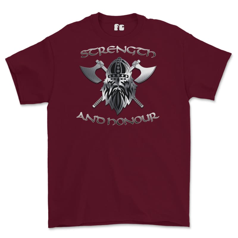 Strength and Honour Crossed Axe Viking Printed T-Shirt - Maroon