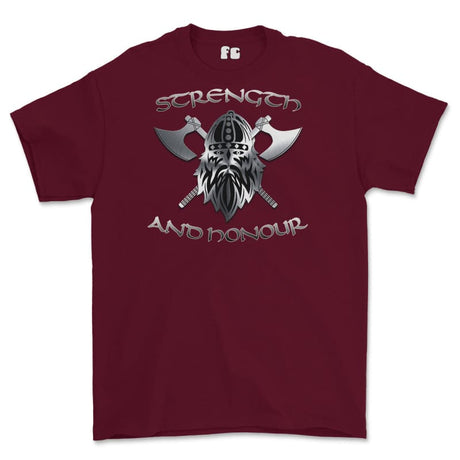 Strength and Honour Crossed Axe Viking Printed T-Shirt - Maroon