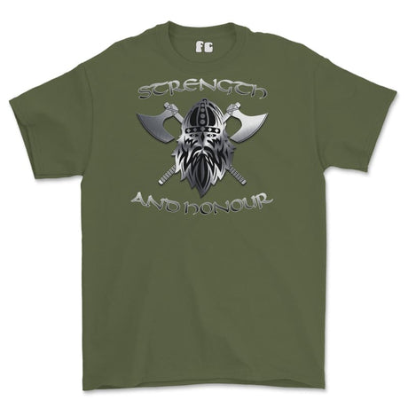 Strength and Honour Crossed Axe Viking Printed T-Shirt - Military Green