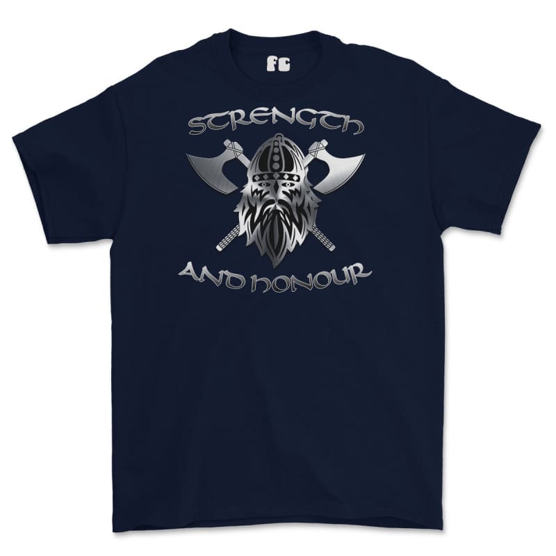 Strength and Honour Crossed Axe Viking Printed T-Shirt - Navy Blue