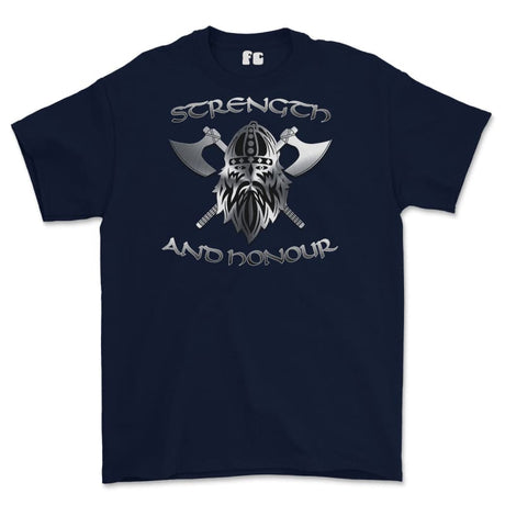 Strength and Honour Crossed Axe Viking Printed T-Shirt - Navy Blue
