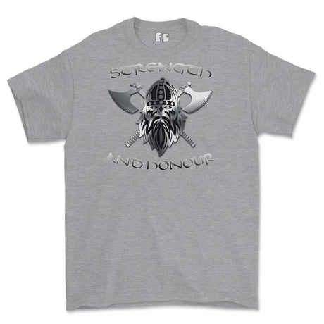 Strength and Honour Crossed Axe Viking Printed T-Shirt - Sports Grey