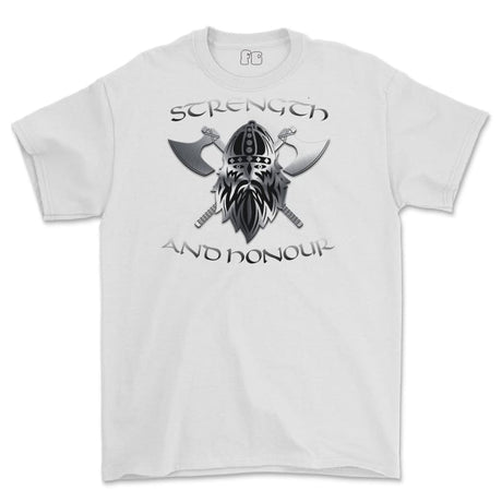 Strength and Honour Crossed Axe Viking Printed T-Shirt - White
