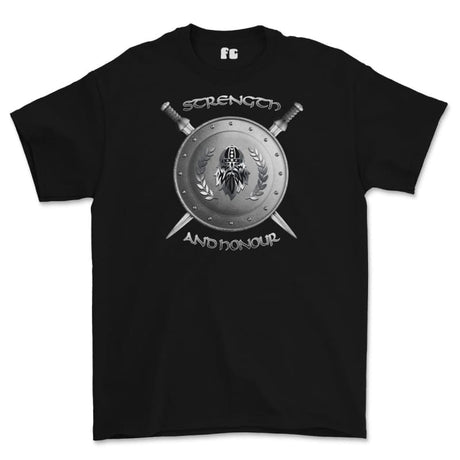 Strength and Honour Viking Shield And Swords Printed T-Shirt - Black