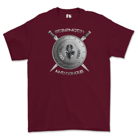 Strength and Honour Viking Shield And Swords Printed T-Shirt - Maroon