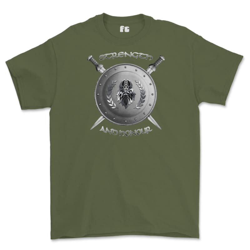 Strength and Honour Viking Shield And Swords Printed T-Shirt - Military Green