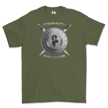 Strength and Honour Viking Shield And Swords Printed T-Shirt - Military Green