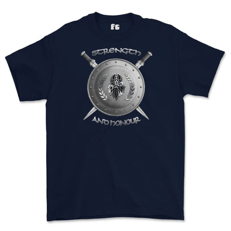 Strength and Honour Viking Shield And Swords Printed T-Shirt - Navy Blue