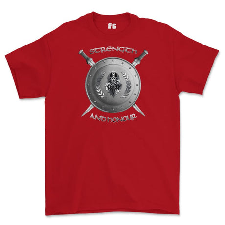 Strength and Honour Viking Shield And Swords Printed T-Shirt - Red