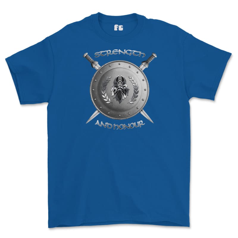 Strength and Honour Viking Shield And Swords Printed T-Shirt - Royal Blue