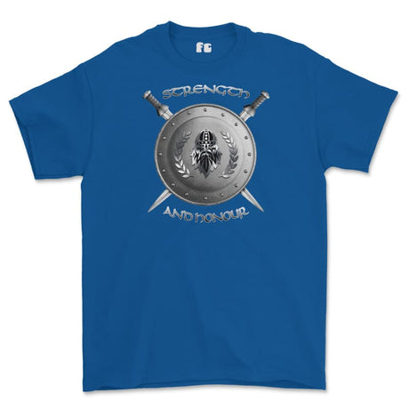 Strength and Honour Viking Shield And Swords Printed T-Shirt - Royal Blue