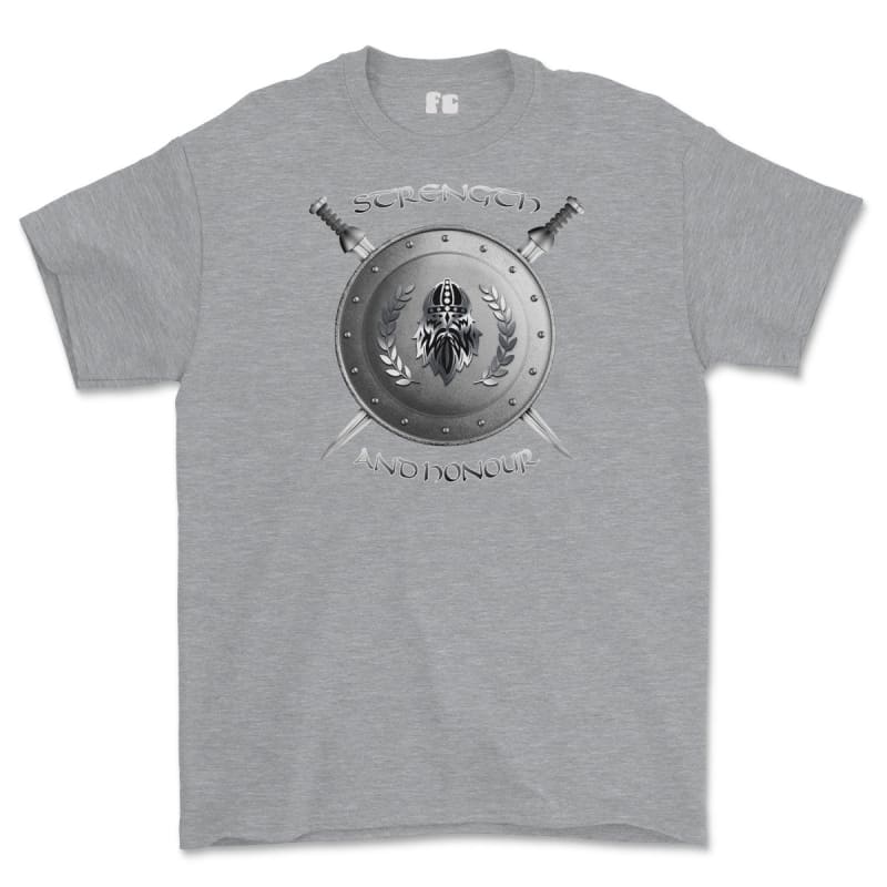 Strength and Honour Viking Shield And Swords Printed T-Shirt - Sports Grey