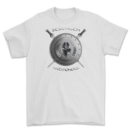 Strength and Honour Viking Shield And Swords Printed T-Shirt - White