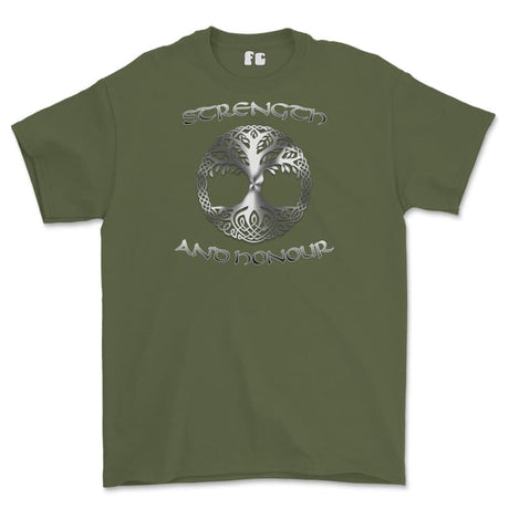 Strength and Honour Viking Tree Of Life Printed T-Shirt - Military Green