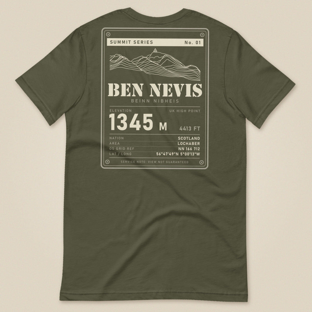Summit Series Ben Nevis T-Shirt in Military Green, laid flat, back view