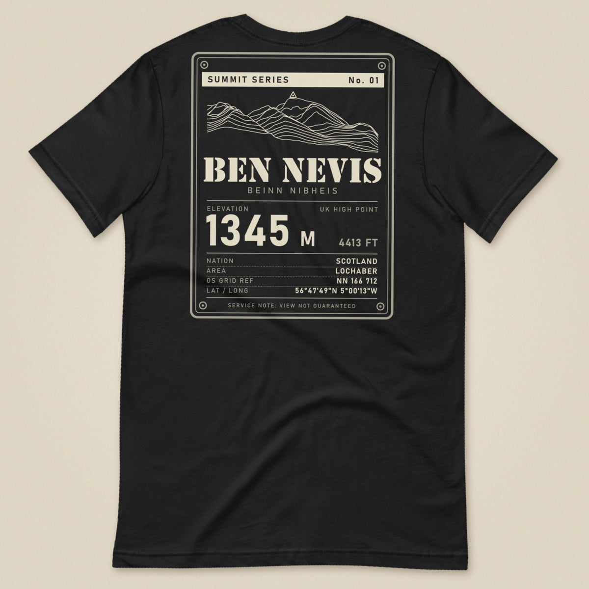 Summit Series Ben Nevis T-Shirt in Vintage Black, laid flat, back view of the Ben Nevis 1345 m data-plate print