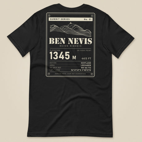 Summit Series Ben Nevis T-Shirt in Vintage Black, laid flat, back view of the Ben Nevis 1345 m data-plate print