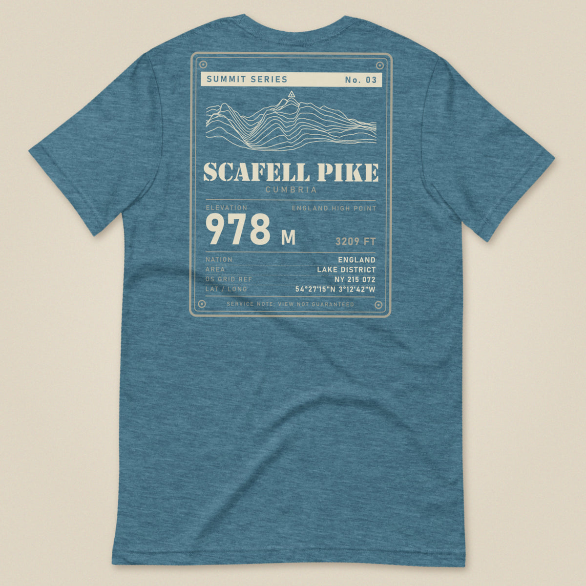 Summit Series Scafell Pike T-Shirt in Heather Deep Teal, laid flat, back view