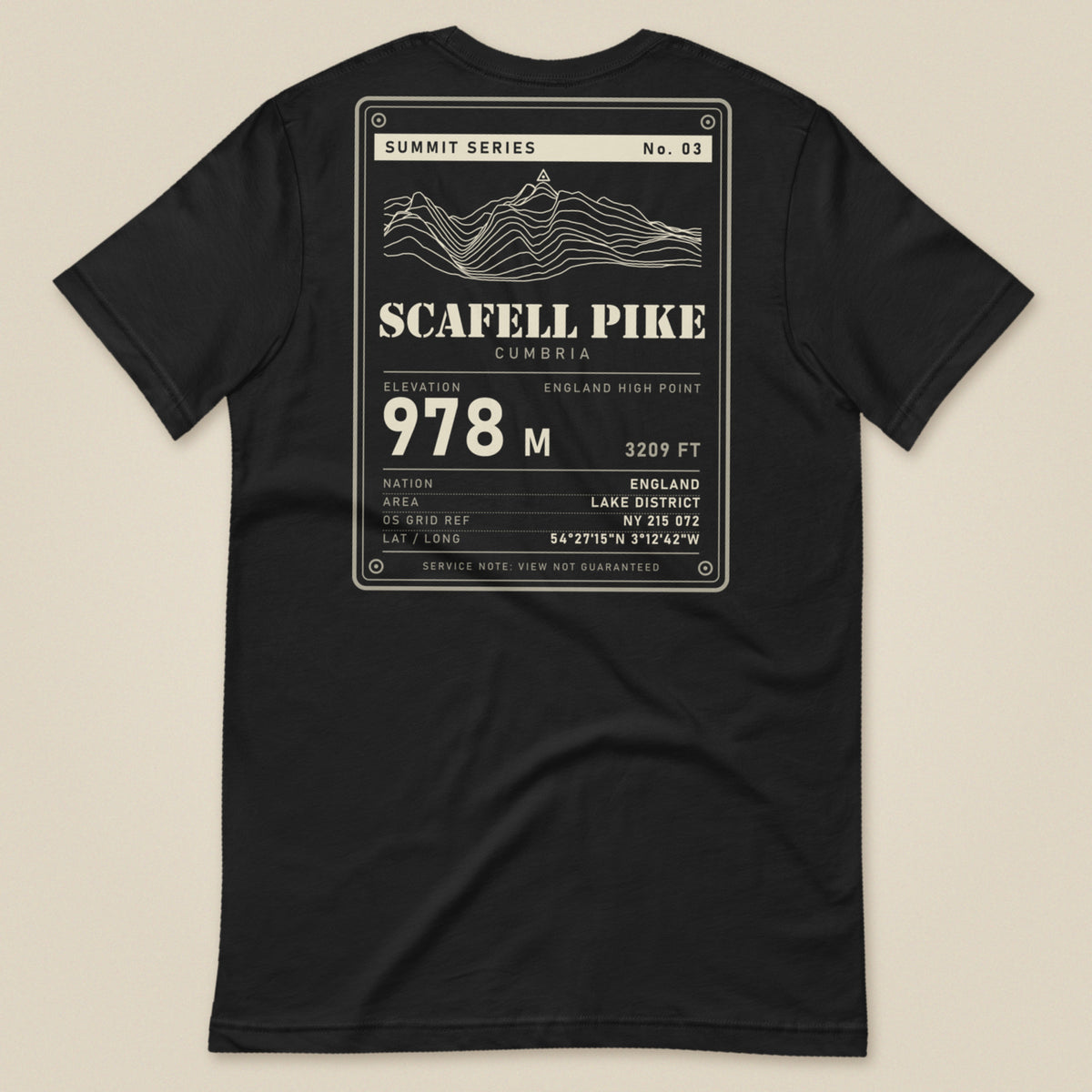 Summit Series Scafell Pike T-Shirt in Vintage Black, laid flat, back view of the Scafell Pike 978 m data-plate print