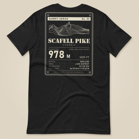 Summit Series Scafell Pike T-Shirt in Vintage Black, laid flat, back view of the Scafell Pike 978 m data-plate print