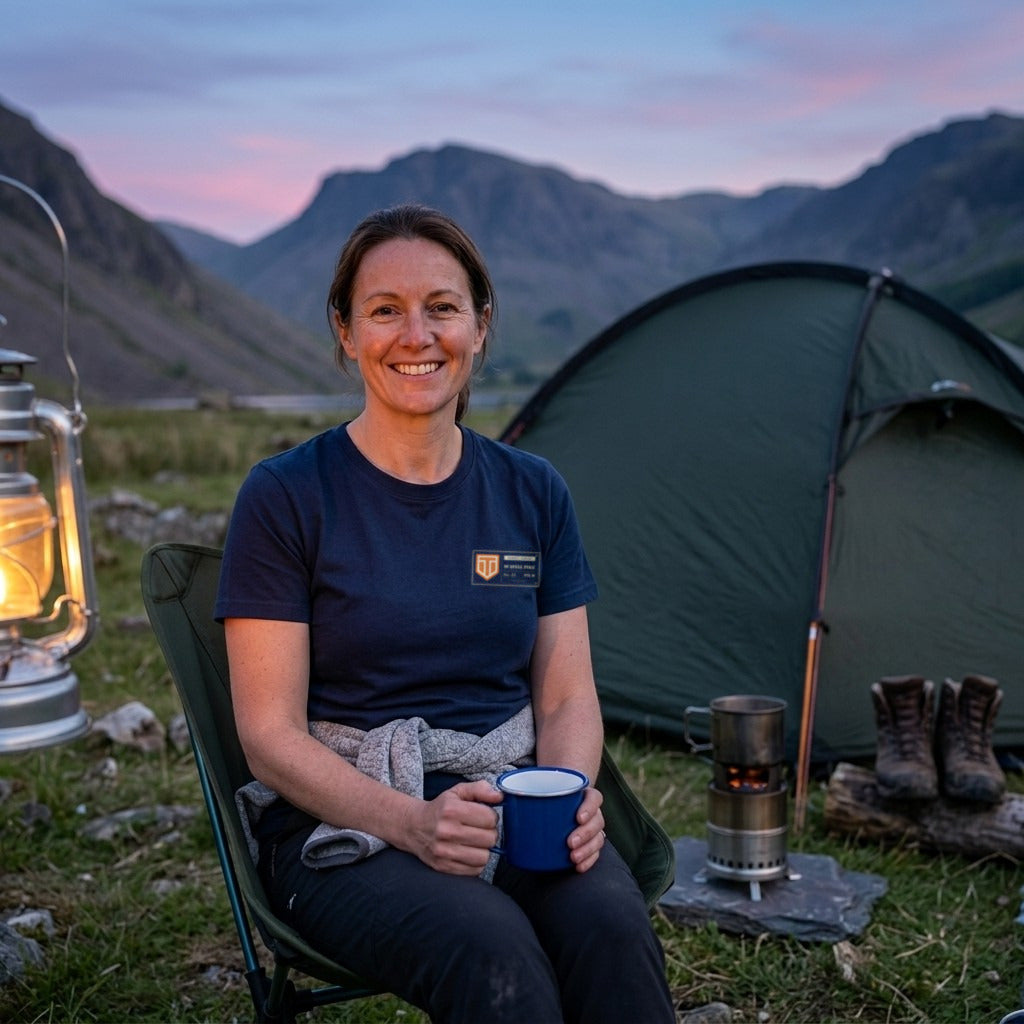 Woman in the Navy Scafell Pike T-shirt with a mug of tea outside a tent at a valley camp at dusk