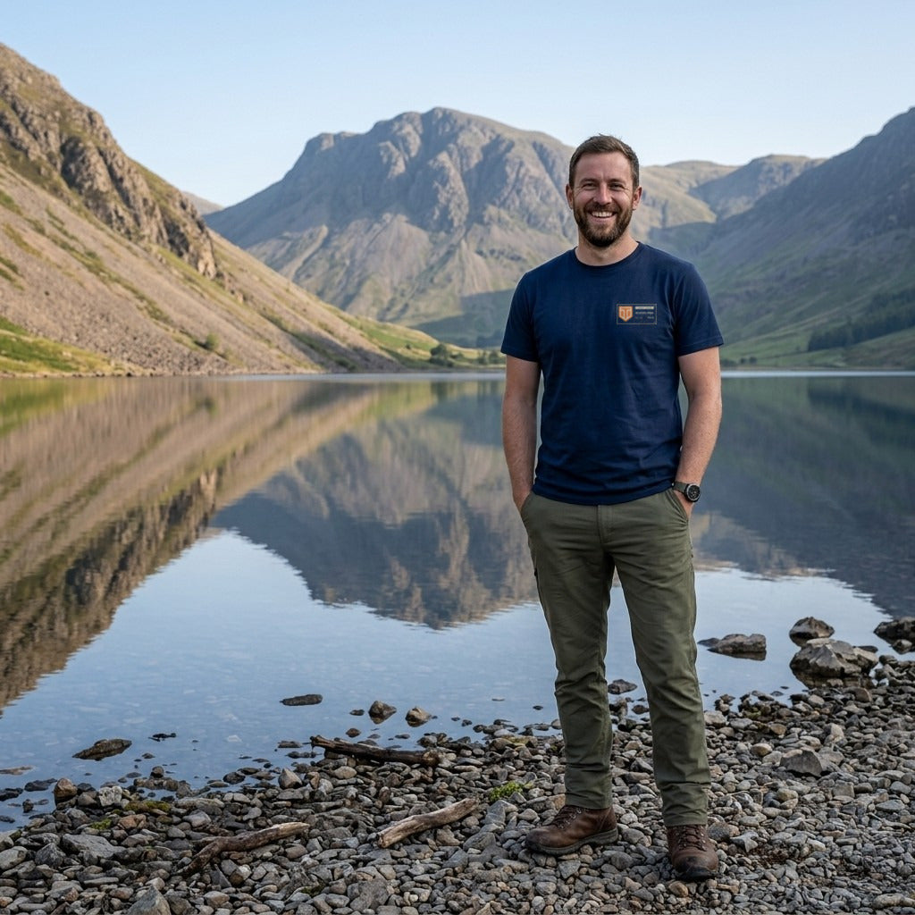 Man in the Navy Scafell Pike T-shirt on the shore of Wastwater, with the fells reflected behind