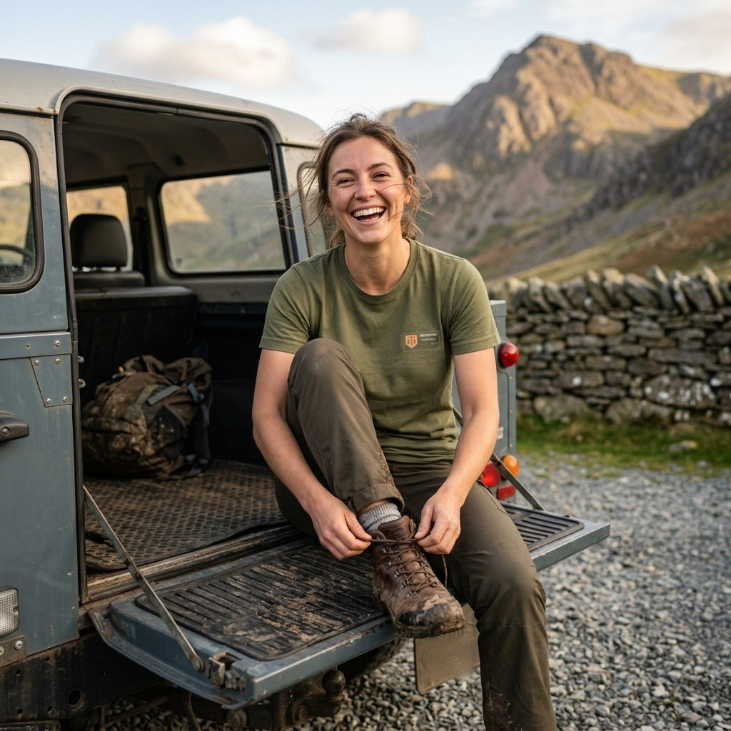 Woman in the Military Green Snowdon T-shirt unlacing muddy boots on a 4x4 tailgate below the mountains